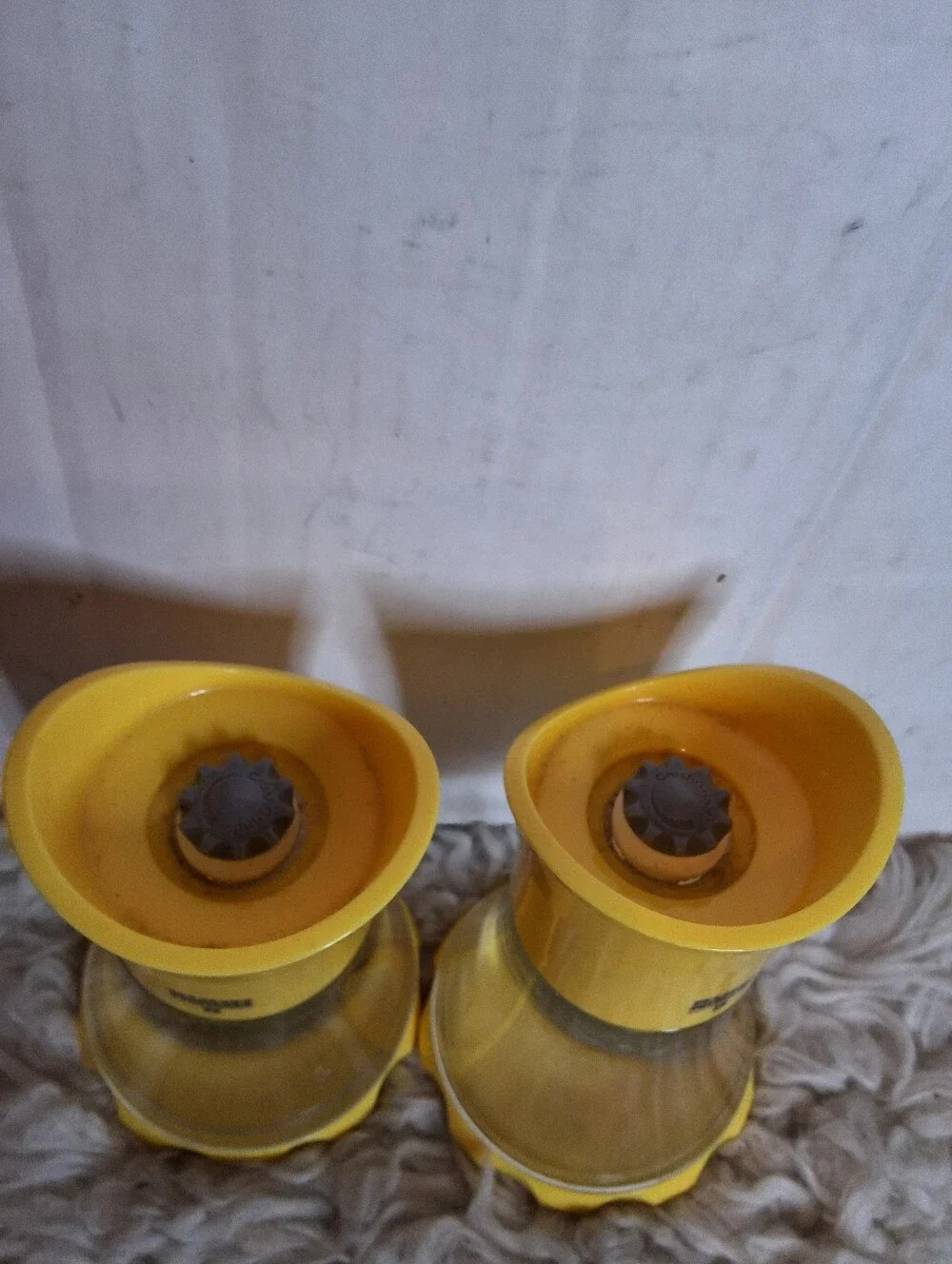 Vintage Kuhn Rikon Switzerland Yellow Glass Salt Pepper Grinders MCM Pair